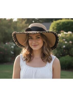 Betsey Johnson Pom Pom Floppy Straw Beach Hat  Fringe One Size